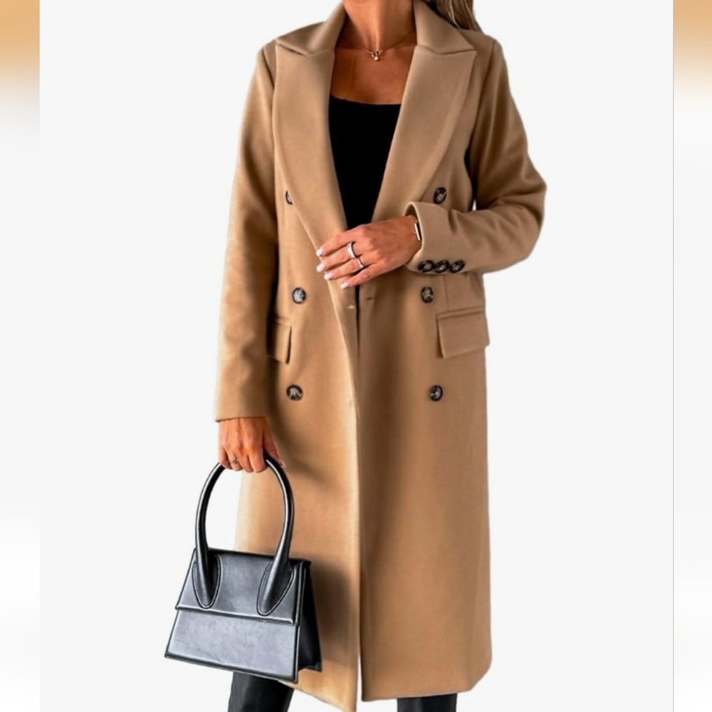 NWT Long Wool Coat Double Breasted Trench Coat Womens Size Medium Camel Color - Picture 3 of 7